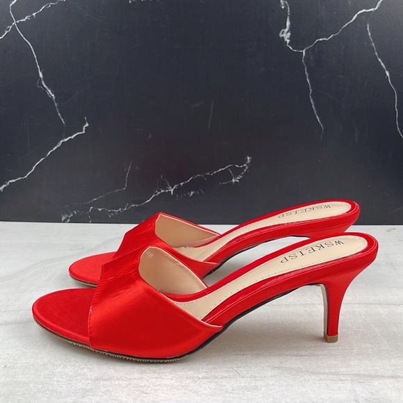 WSKEISP Women’s Peep Toe Slip On Mule Sandal Red Satin sz 8 - Picture 6 of 12